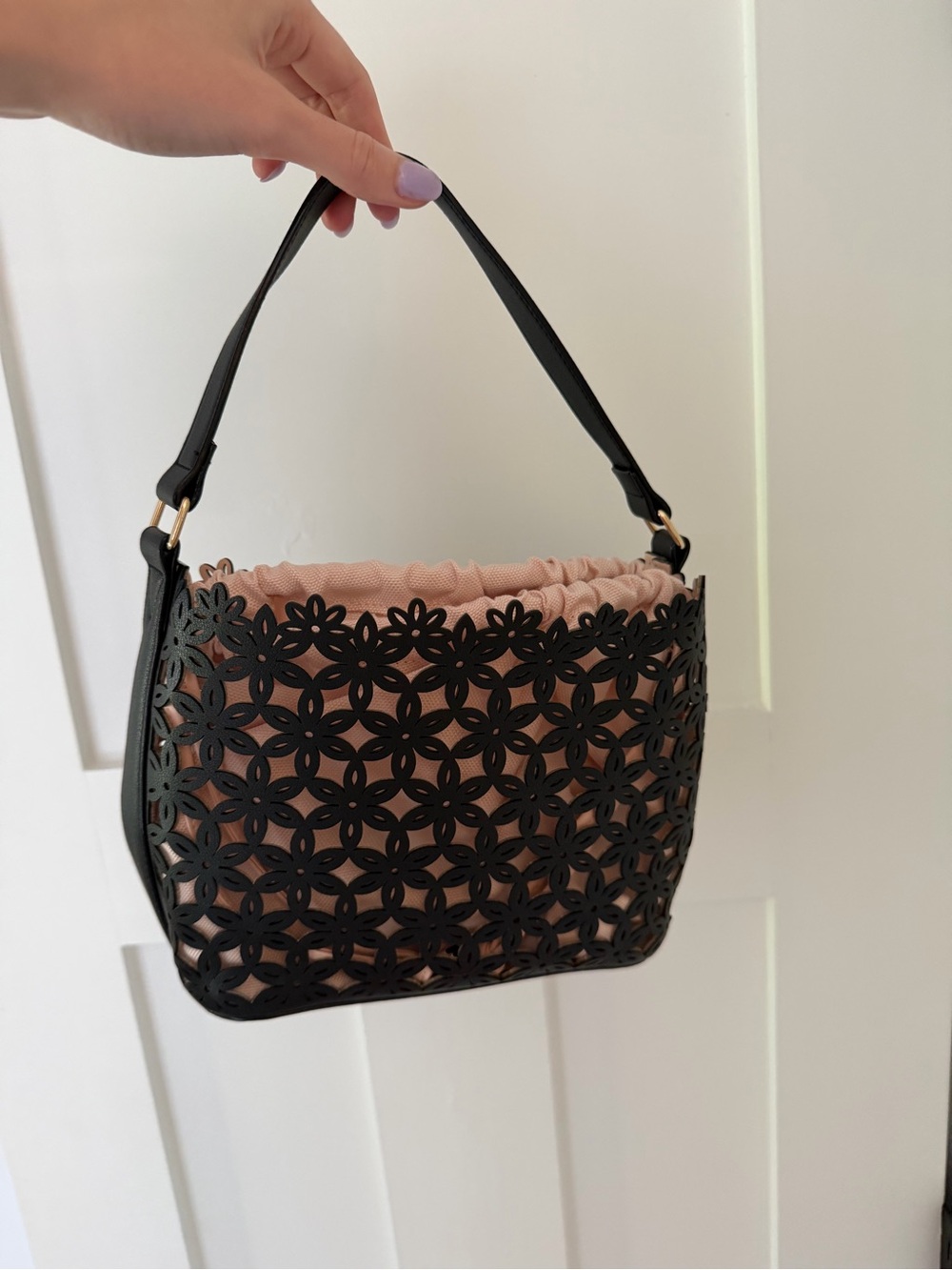 Victorias Secret Black Floral Cutout Shoulder Bag with Pink Lining